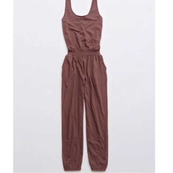 aerie Pants - Aerie Womens Jumpsuit Large Purple Brown Cotton Scoop Neck Sleeeless Tapered Leg